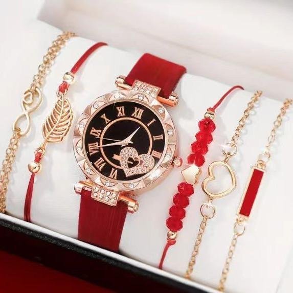 New Ladies Diamond Dial Belt Quartz Watch Beaded Bracelet suit 6 pcs/set Simple Exquisite