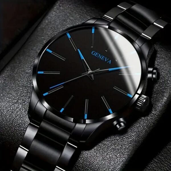 Men's Classic Black Quartz Watch with Blue  Hands & Stainless Steel Band -