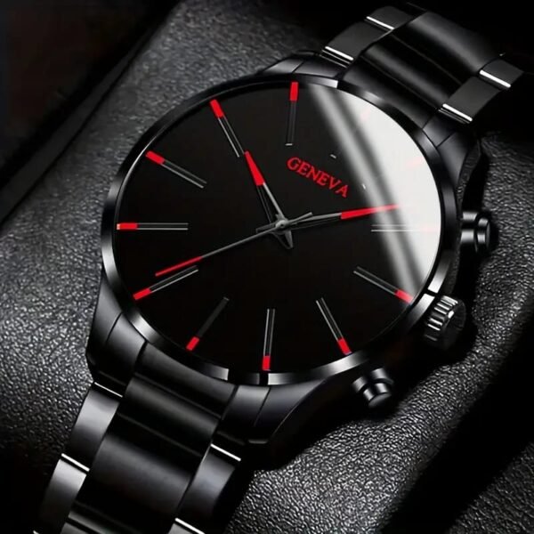 Men's Classic Black Quartz Watch with Red Hands & Stainless Steel Band