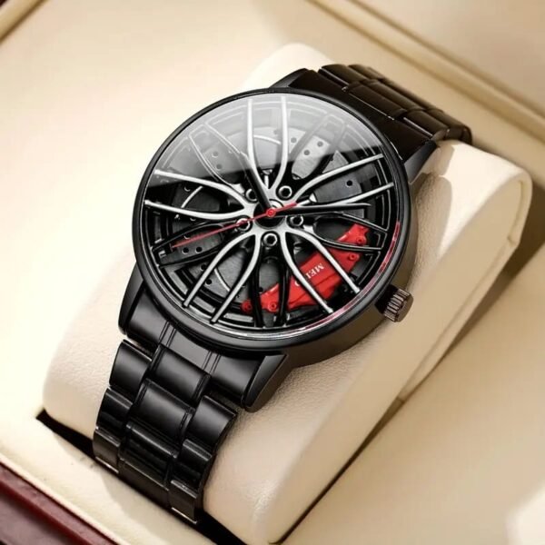🔥 Luxury Sport Car Rim Design Watch – Black Steel Strap
